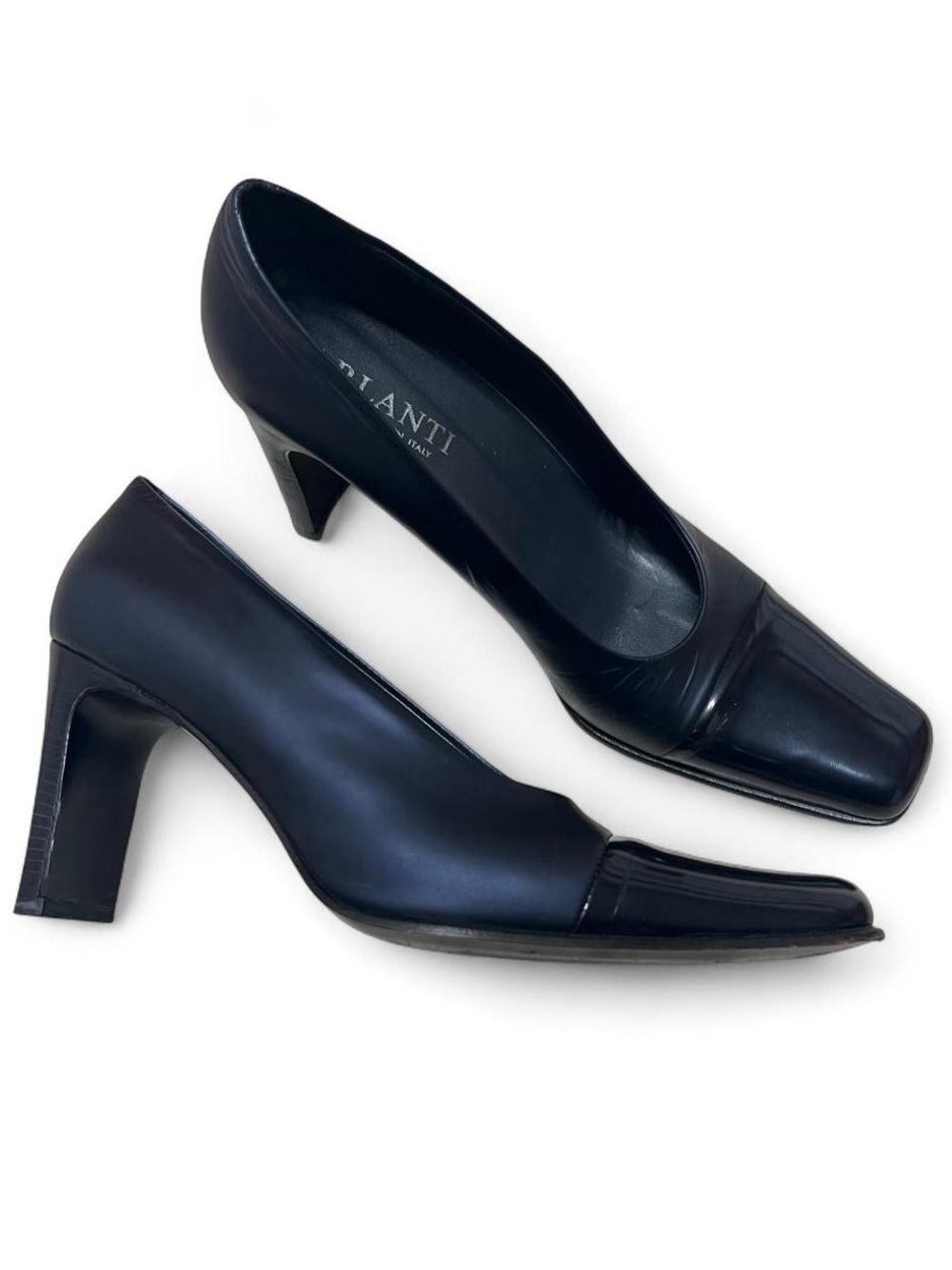 Parlanti Navy Leather Vintage Square-Toe Mid Heel Pumps